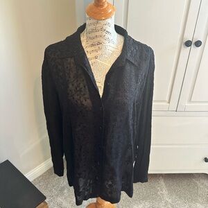 Chicos Black embroidered sheer blouse long sleeves. Button down. Size 2.